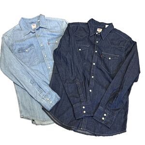 Levis Denim Pearl Snap Shirt Men's Medium Blue Long Sleeve Rancher Western